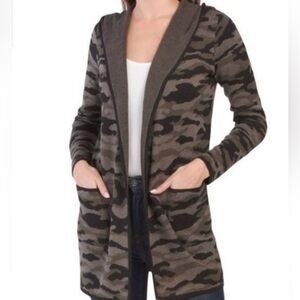 Rachel Zoe Camo Color Block Cardigan size M Open Front Pockets Hood EUC